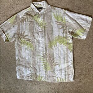 Cubavera White Short-Sleeve Button-Down with Green & Brown Palm Stripe Print